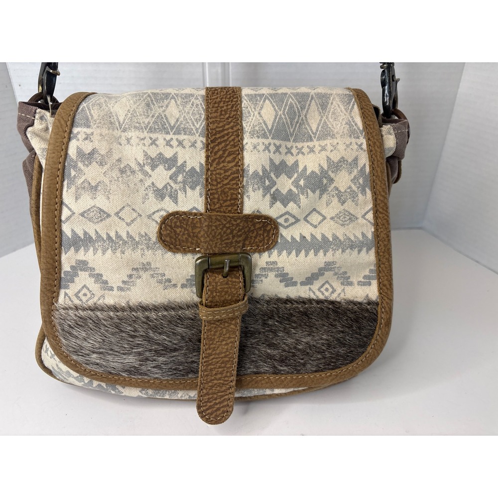 Myra Bag Canvas Hair On Hide Crossbody Messenger Bag Brown Geometric S-1225